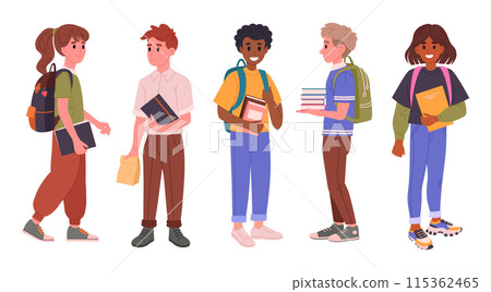 Middle school students group. Junior high school students with backpacks and books, male and female school pupils flat vector illustration set. Happy friends going to school Middle school students group. Junior high school students with backpacks and books, male and female school pupils flat vector illustration set. Happy friends going to school 115362465