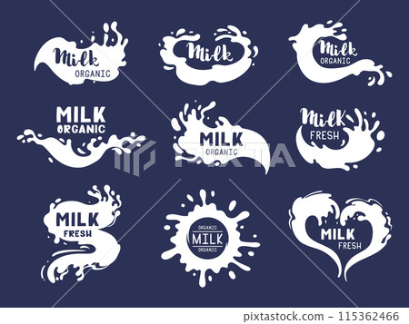 Milk flows logos. White milk splash labels, dairy product splash drops with lettering flat vector illustration set. Milky splashes collection Milk flows logos. White milk splash labels, dairy product splash drops with lettering flat vector illustration set. Milky splashes collection 115362466