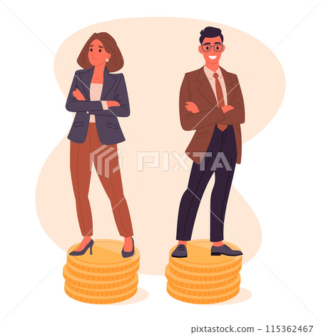Office workers salary equality. Businessman and businesswoman standing on dollar coins stacks, financial well-being flat vector illustration. Economic revenue equality concept 115362467
