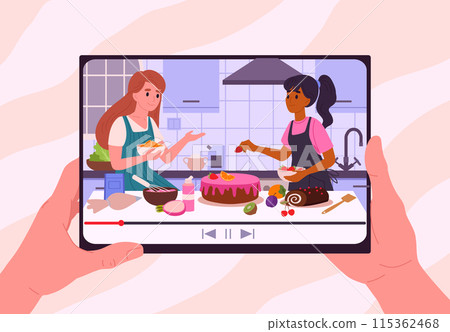 Online culinary show on tablet screen. Women cooking food online, food preparing video live stream flat vector illustration. Cooking tutorial on tablet screen Online culinary show on tablet screen. Women cooking food online, food preparing video live stream flat vector illustration. Cooking tutorial on tablet screen 115362468