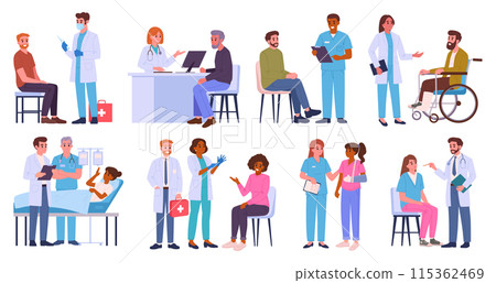 Patients and doctors. Medical staff with clinic patients, doctors and nurses diagnosing and advising patients flat vector illustration set. Hospital professional workers with patients characters 115362469