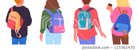 People wearing backpacks. Students with backpacks back view, teenagers with school bags flat vector illustration set. School kids backpacks back view 115362470