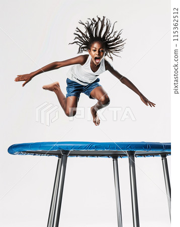 child jumping on a trampoline, their body suspended in mid-air against the white backdrop 115362512