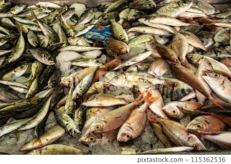 The fish and grocery market in the Markethall of Loule in the Algarve, Portugal in Europe. 115362536