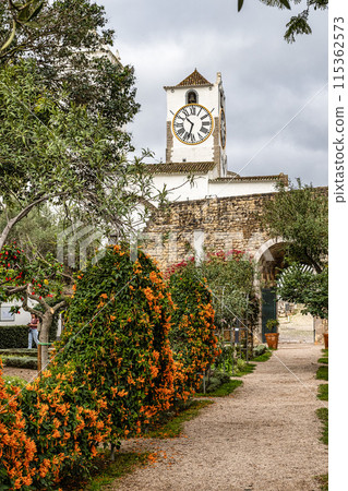 Orange trumpet vine at St Marys church, Igreja de Santa Maria do Castelo, Tavira, Algarve, Portugal. 115362573