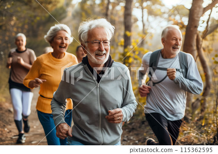 Smiling senior group jogging in the park. Sports activities for elderly people. Generative Ai. 115362595