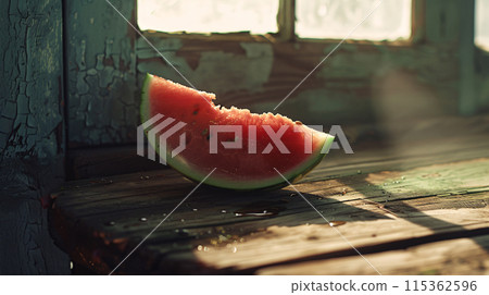 a slice of juicy watermelon, dripping with red and pink hues, resting on a rustic wooden table 115362596