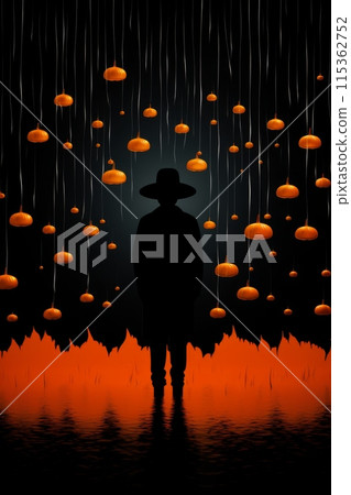 Mysterious Figure in Black Coat with Pumpkins 115362752