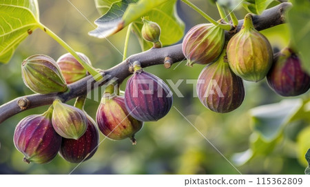 Ripe figs hanging on a branch with leaves. Close-up shot with sunlight. 115362809