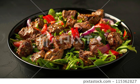 Asian-style beef salad with vegetables on dark plate. 115362827