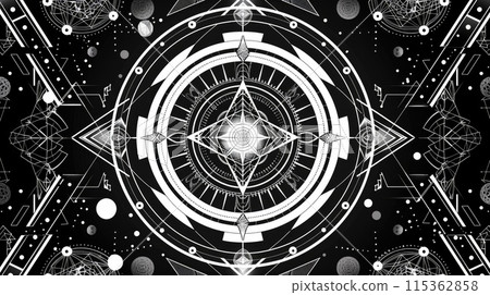 Abstract geometric and cosmic pattern in black and white. 115362858