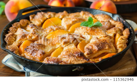 Peach Cobbler in Cast Iron Skillet on Wooden Background 115362946