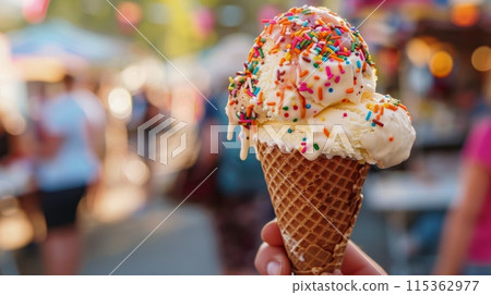 Colorful Sprinkles on Vanilla Ice Cream Cone at Street Fair. National Ice Cream Day 115362977