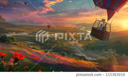 a sunrise hot air balloon ride over rolling hills 115363010