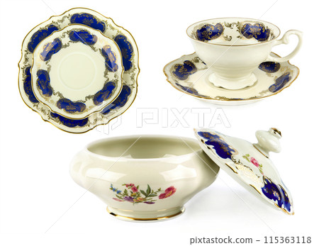 Vintage porcelain tableware isolated on white. Collage. Vintage porcelain tableware isolated on white. Collage. 115363118