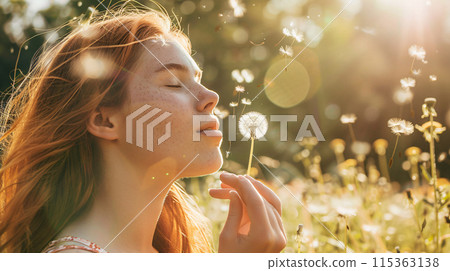 woman with a dreamy expression, holding a single dandelion seed and blowing it gently into the air 115363138