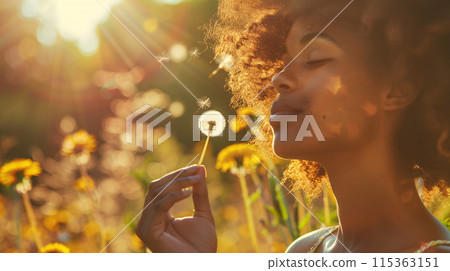 woman with a dreamy expression, holding a single dandelion seed and blowing it gently into the air 115363151