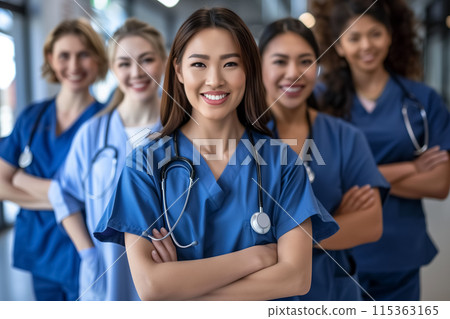 Healthcare, leadership and team portrait of doctor and nurses in hospital with support and serious 115363165
