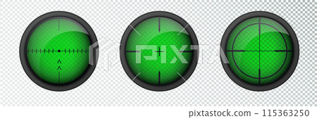 Realistic sniper sight thermal imager. Sniper scope with measurement thermal imager marks template. Sniper scope crosshairs view. Realistic vector optical sight. 115363250