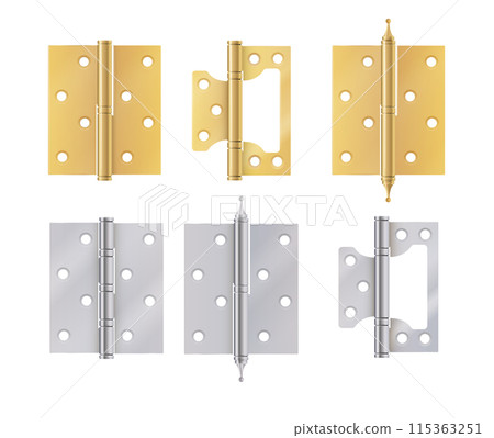 Golden door hinges construction hardware. Realistic set of gold tools for joint gates and windows metal hinges for house and furniture. vector Golden door hinges construction hardware. Realistic set of gold tools for joint gates and windows metal hinges for house and furniture. vector 115363251