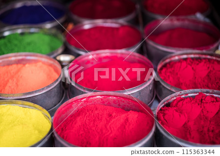 Colorful rangoli powder for sale on Kathmandu street market Colorful rangoli powder for sale on Kathmandu street market 115363344
