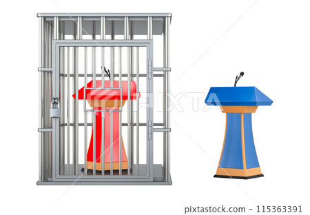 One tribune with microphone inside cage, other is outside. Political censor, debate concept. 3D rendering 115363391