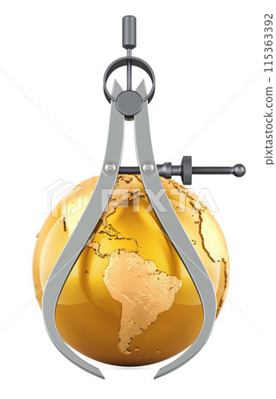 Outside Caliper with Golden Earth Globe, 3D rendering Outside Caliper with Golden Earth Globe, 3D rendering 115363392