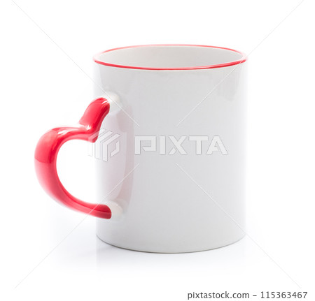White cup with red handle in heart shape White cup with red handle in heart shape 115363467