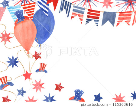 Balloons with Uncle Sam hats, stars and garland of flags in red blue colors. Celebration horizontal frame with national symbols. Watercolor illustration. Happy 4th of July. Empty for text 115363616