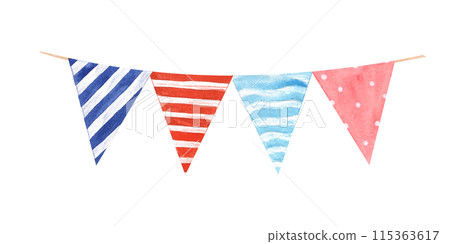 Flags hanging on rope. Flag garland in national red blue colors. Small flags in horizontal and vertical stripes. Happy 4th of July. Watercolor illustration. As template for frame, greeting 115363617