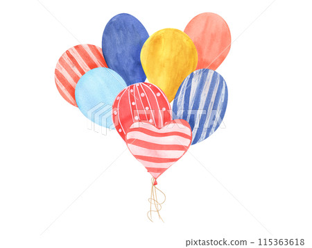 Funny colored balloons with various stripes, dots. Bunch of balloons on rope. Round, oval and heart shapes. Watercolor illustration. Happy 4th of July. Celebration template for postcard. 115363618