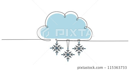Cloud with snow - one single hand drawing continuous line banner. Vector stock illustration isolated on white background for design template summer travel poster, flyer. Editable stroke. EPS10 Cloud with snow - one single hand drawing continuous line banner. Vector stock illustration isolated on white background for design template summer travel poster, flyer. Editable stroke. EPS10 115363733