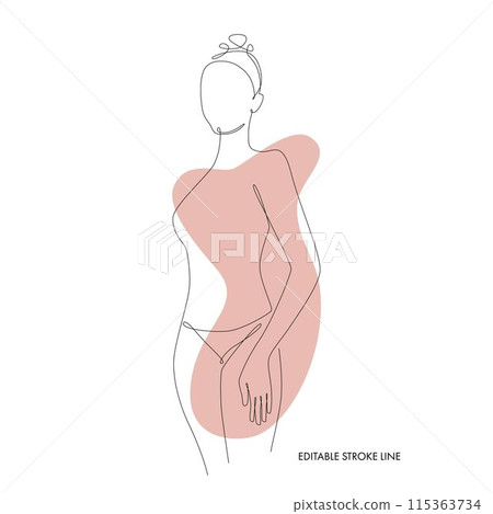 Woman body one single continuous line silhouette. Vector stock illustration isolated on white background for design template beauty and spa calendar, price list, social media. Editable stroke. EPS10 115363734