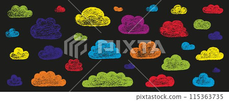 Chalk grunge cloud set. Hand drawn vector stock kid crayon illustration isolated on black background for design template art children education material, weather forecast, business presentation. EPS10 115363735