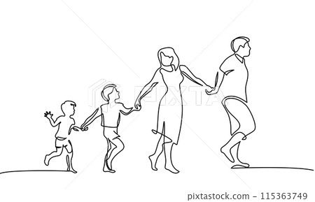 Family walk together holding hands. Continuous one line drawing. Family walk together holding hands. Continuous one line drawing. 115363749