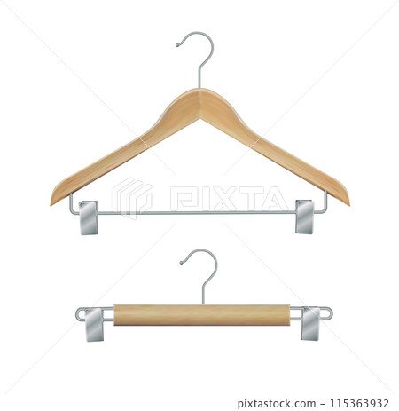 Wooden coat hanger clothes hanger .Realistic vector clothes coat wooden hanger close up isolated on background. Design template, clipart or mockup for graphics. Vector 115363932