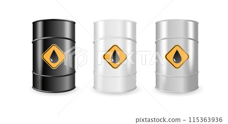 Realistic White, Steel and Black Metal Oil, Fuel, Gasoline Barrel Set Isolated. Design Template of Packaging for Mockup. Vector 115363936