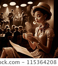 Girl drinking coffee and listening to music in a jazz bar 115364208