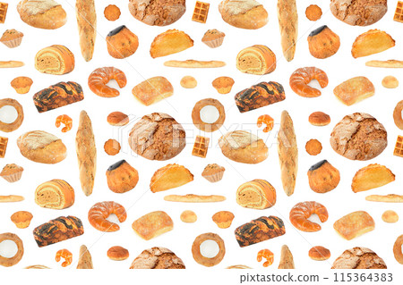 Seamless pattern of delicious products made from different types of flour isolated on white Seamless pattern of delicious products made from different types of flour isolated on white 115364383