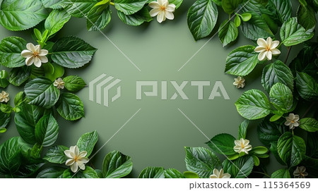 Green leaves and white flowers border with empty center Green leaves and white flowers border with empty center 115364569