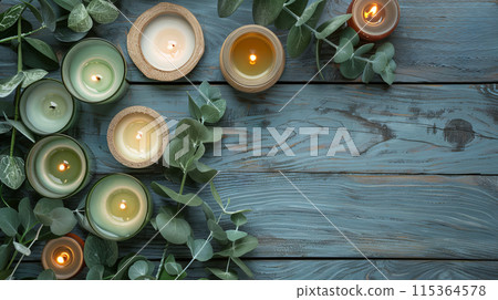 Candles on a wooden surface with green leaves 115364578