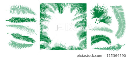 Set of green palm tree elements. hand drawing. Not AI. Vector illustration Set of green palm tree elements. hand drawing. Not AI. Vector illustration 115364590
