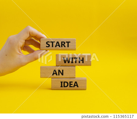 Start with an Idea symbol. Wooden blocks with words Start with an Idea. Beautiful yellow background. Businessman hand. Business and Start with an Idea concept. Copy space. Start with an Idea symbol. Wooden blocks with words Start with an Idea. Beautiful yellow background. Businessman hand. Business and Start with an Idea concept. Copy space. 115365117