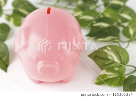 Pig money box and fake greenery. Savings image 115365354