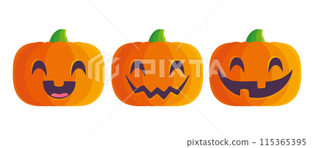 Vector set icons of pumpkin for Halloween in kawaii style. Vector set icons of pumpkin for Halloween in kawaii style. 115365395