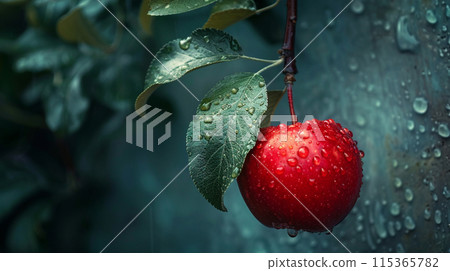 Red apples low hanging on the tree and ready for picking, generated AI 115365782