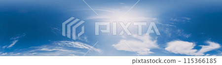 Sky 360 panorama - Bright blue sky filled with fluffy white Cirrus clouds. Seamless hdr spherical 360 panorama. Sky dome sky replacement for aerial drone 360 panoramas. Weather and climate change 115366185