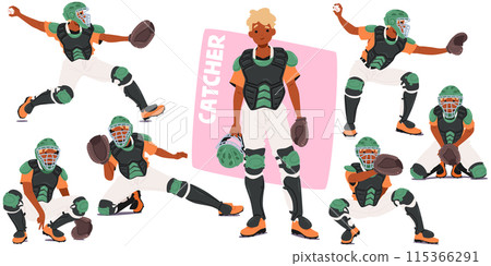Baseball Catcher In Different Poses And Actions. Player In Full Protective Gear, Including Helmet, Chest Protector Baseball Catcher In Different Poses And Actions. Player In Full Protective Gear, Including Helmet, Chest Protector 115366291