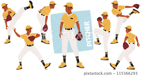 Set Of Baseball Pitcher Character In Different Pitching Positions, Demonstrating Form And Technique, Vector Illustration Set Of Baseball Pitcher Character In Different Pitching Positions, Demonstrating Form And Technique, Vector Illustration 115366293
