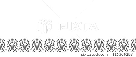Border with japanese seigaiha pattern. Black and white scallops print. Fish squama or dragon scale. Sea or ocean waves background. Simple geometric ornament. Vector graphic illustration 115366298